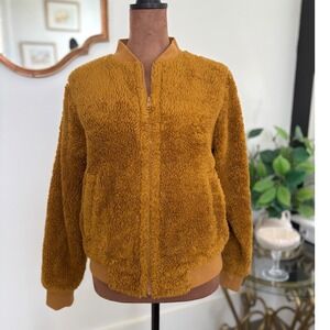 Mercantile Fuzzy Sherpa Bomber Jacket Women's Mustard Yellow‎ Zip Up Warm